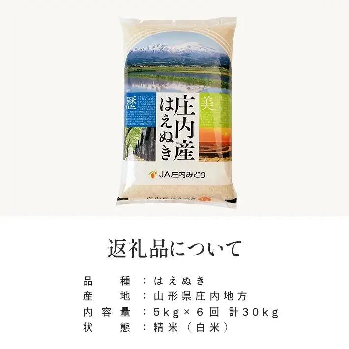 (11月～4月) ≪新米予約≫ ≪6ヶ月定期便≫ はえぬき5kg×6ヶ月連続 計30kg 山形県庄内産 ご希望期間の毎月中旬頃お届け JA 農協 産地直送 精米 白米 庄内米 東北 遊佐町 [1705