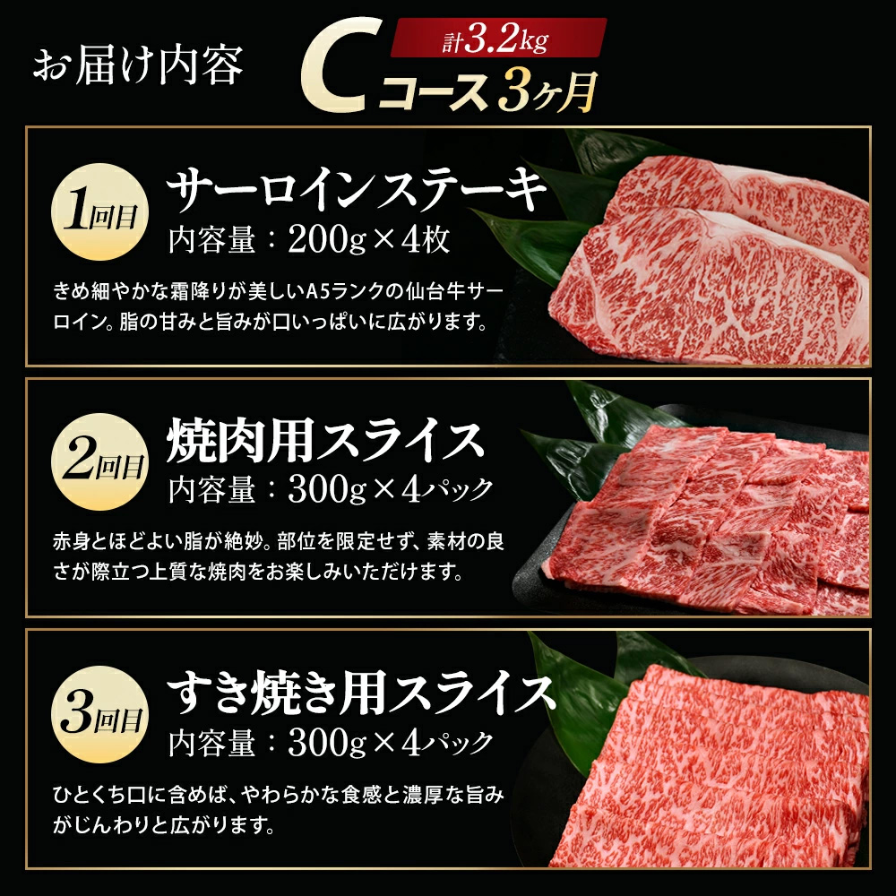 【毎月定期便】「A5仙台牛Cコース」 ステーキ・焼肉・すき焼き 全3回　【04301-0858】_イメージ5