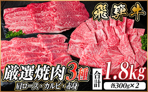 
                  飛騨牛　厳選焼肉3種(肩ロース・カルビ・赤身)　計1.8kg(各600g)　黒毛和牛　小分け【1668650】
                