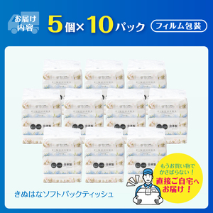 ティッシュ きぬはな ソフトパック 50個 パルプ100％ コンパクト 箱なし フィルム包装 花柄 富士山の天然水 国産 防災 備蓄 日用品 生活用品 消耗品 静岡県 富士市 [sf002-387]