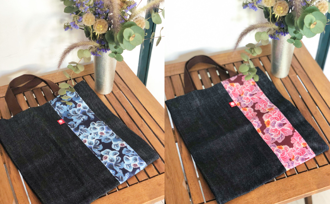 【スーリール】デニムトートバッグ | 紅琉 BINRYU アラヤプランニング株式会社 | 沖縄 伝統工芸 びんがた 紅型 | テキスタイル 柄 花柄 | トート ミニバッグ マチあり お弁当バッグ 散