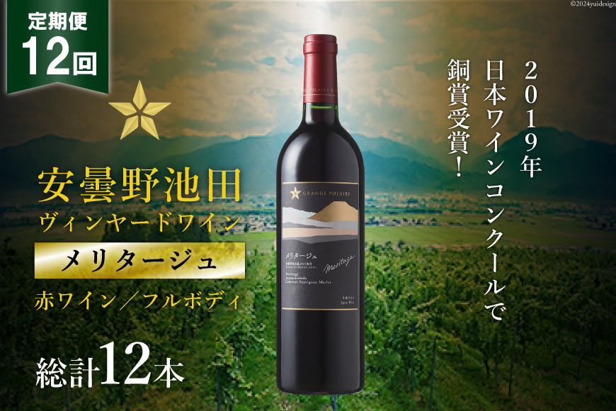 
                  定期便 12回 赤ワイン サッポロ グランポレール 安曇野池田ヴィンヤード「メリタージュ」750ml 総計 12本 [ナチュラルマルシェ ソヨソヨ 長野県 池田町 48110860] 赤 ワイン フルボディ 濃厚 凝縮 お酒 酒 ふるさと納税
                