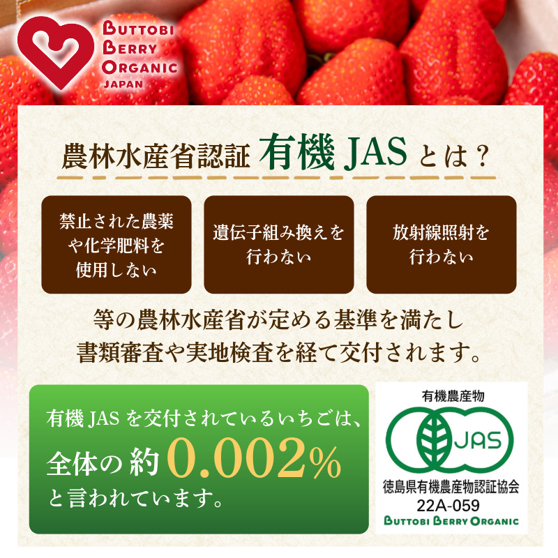 オーガニック いちご 大粒 約12～15粒 桐箱入り 《1月末から5月発送》 有機JAS認証 ORGANIC 甘い 苺 果物 フルーツ 産地直送 新鮮 ストロベリー ジャム スムージー 期間限定 徳島