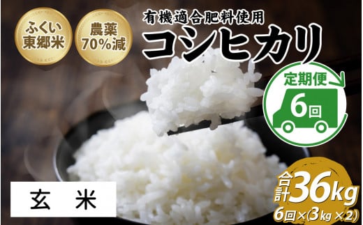 【定期便6ヶ月連続】令和6年産 ふくい東郷米 特別栽培米 特別栽培米　農薬70％減コシヒカリ 6kg(3kg×2袋)×6ヶ月 合計36kg【玄米】[J-020023_02] 