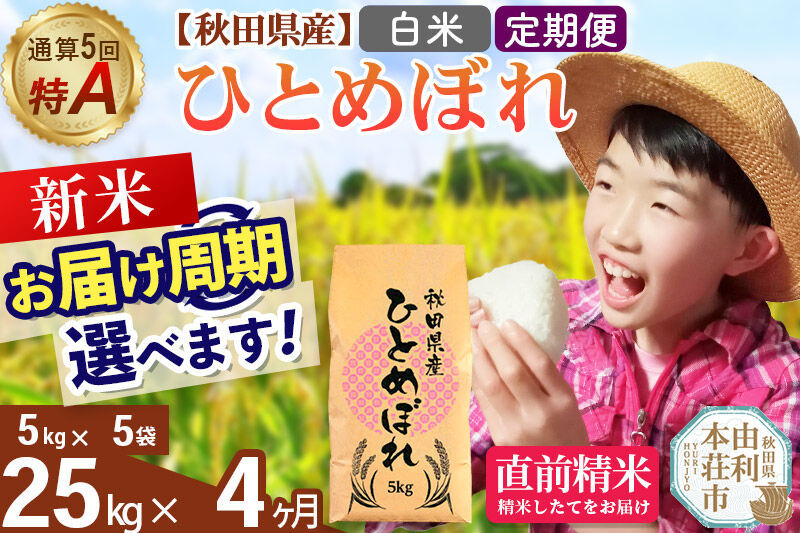 《令和8年産 新米受付》《定期便4ヶ月》【白米】通算5回特A 秋田県産ひとめぼれ 25kg(5kg×5袋)×4回  お届け周期調整 隔月に調整OK [米 白米 特A 精米 秋田県 東北 お米 ひとめぼ