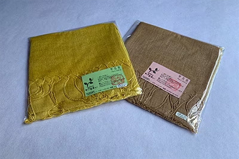 【悠工房】自然素材 手染め 栗染め たまねぎ染め 2色 綿ストール マスタード ブラウン 2枚1組 手作り ハンドメイド 贈り物 贈答 福祉 就労支援施設製造 SDGs ギフト プレゼント