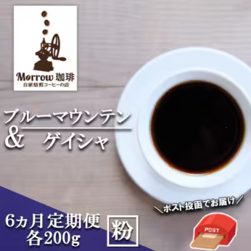 定期便 6ヶ月 自家焙煎 ブルーマウンテン ゲイシャ (粉) 各200g×6ケ月 ポスト投函 コーヒー 珈琲 6回 お楽しみ Morrow珈琲