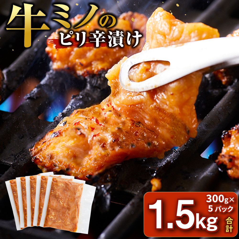 牛ミノ ピリ辛漬け 1.5kg ( 300g × 5パック ) 小分け 個包装 便利 牛肉 ホルモン ミノ 焼肉 焼き肉 お肉 肉 焼くだけ 冷凍 たれ 味付き BBQ アウトドア キャンプ 人気 おすすめ 神奈川 川崎【順次発送】【kw0096-0924】