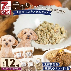 1cofood 手作りドッグフード 5種類から3品を選択可能 1.香り豊かな牛ごはん 2.サーモンとタラのうまみごはん 3.鹿ごはん 4.猪ごはん 5.九州華味鶏ごはん_ドッグフード 手作り 5種類 3品 選べる 400g × 3袋 1cofood 牛肉 サーモン 鱈 鹿肉 猪肉 ジビエ 華味鶏 国産野菜 米 フルーツ 生酵素 オリーブオイル 海藻 コイン型 冷凍 福岡県 久留米市  〔Pf036〕