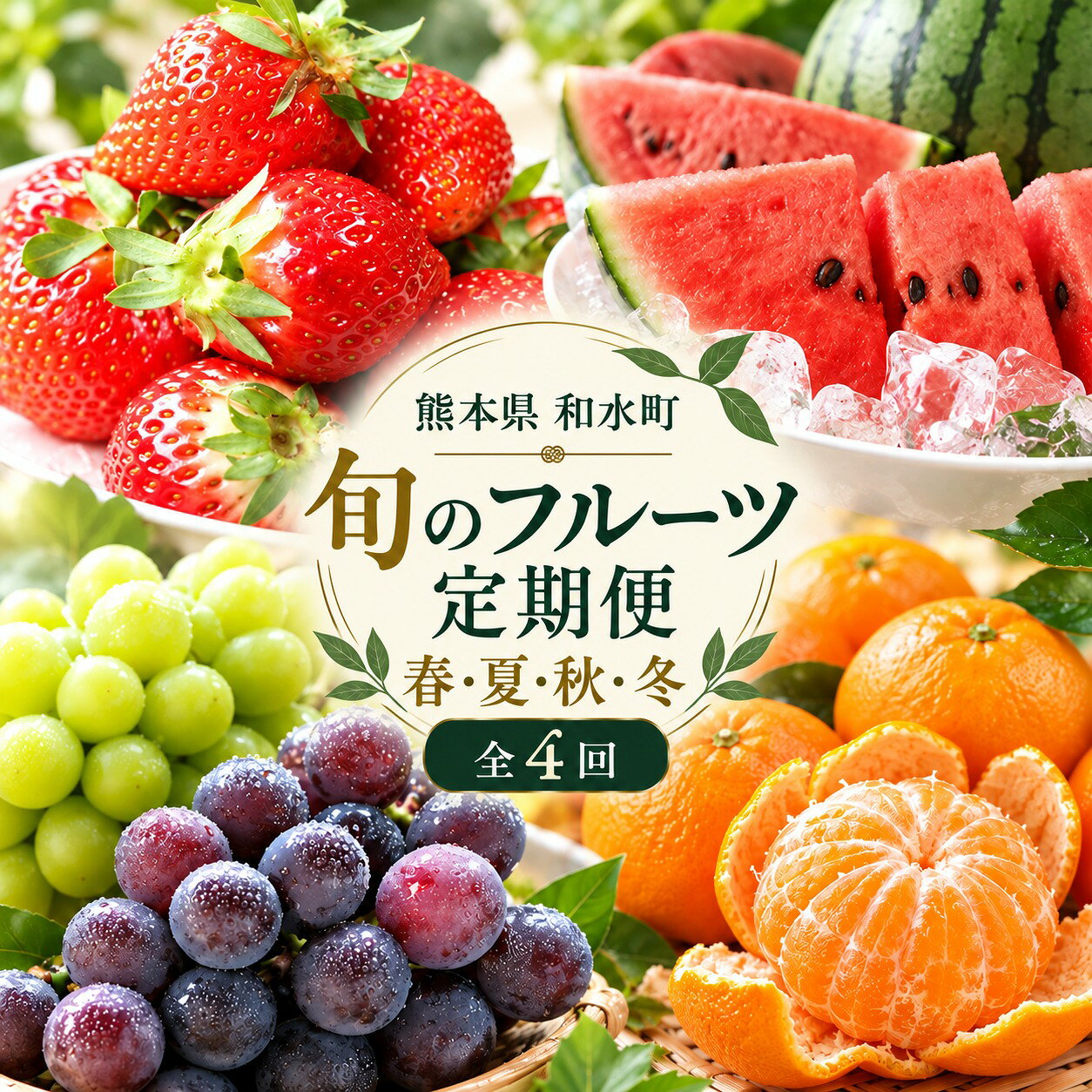 【ふるさと納税】フルーツ 定期便 全4回 春夏秋冬 熊本県 和水町産 旬の果物 いちご1kg以上 小玉スイカ2玉 シャインマスカット約1kgまたは巨峰約2kg みかん5kg以上 季節ごとにお届け ぶどう 苺 すいか 柑橘 四季を楽しむ果物定期便