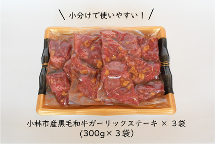 【旨味凝縮！】小林市産黒毛和牛ガーリックステーキ900g（300g×3P 黒毛和牛 訳あり不揃い 赤身 国産牛 牛肉 宮崎県産 ステーキ 冷凍 送料無料）