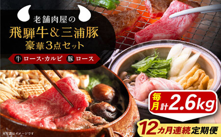 【12回定期便】 飛騨牛ロース1kg カルビ700g 三浦豚ロース900g 豪華3点セット 各種類1パック しゃぶしゃぶ・焼肉 和牛 国産 霜降り 恵那市 / 岩島屋 [AUAJ032]