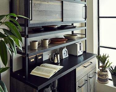 【開梱設置】食器棚 レンジ台 アイン 上台引き戸タイプ 幅119.7cm ブルックリン キッチンボード キッチン収納 おしゃれ 家具 大川家具 幅120cm 収納家具 棚 アイアンフレーム