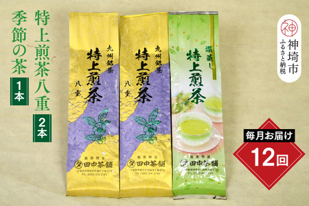 【毎月お届け12回】特上煎茶八重2本と季節のお茶1本(合計100g×3本)(H047130)
