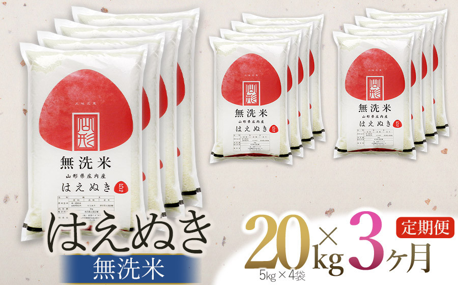 
                  【令和7年産】【3ヶ月定期便】 はえぬき 無洗米 20kg (5kg×4袋) ×3回 (計60kg)　山形県庄内産　有限会社 阿部ベイコク　| 米 20キロ 山形 鶴岡市 庄内 お米 こめ コメ ご飯 食品 定期便 令和7年産 お取り寄せ 返礼品
                
