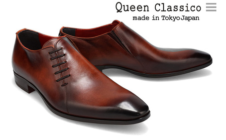 クインクラシコ 革靴 10003 (カラー：ブラウン、サイズ：25.5cm) ビジネスシューズ 本革 サイドレース 幅広 甲高  エラスティック スリッポン 牛革 フォーマル