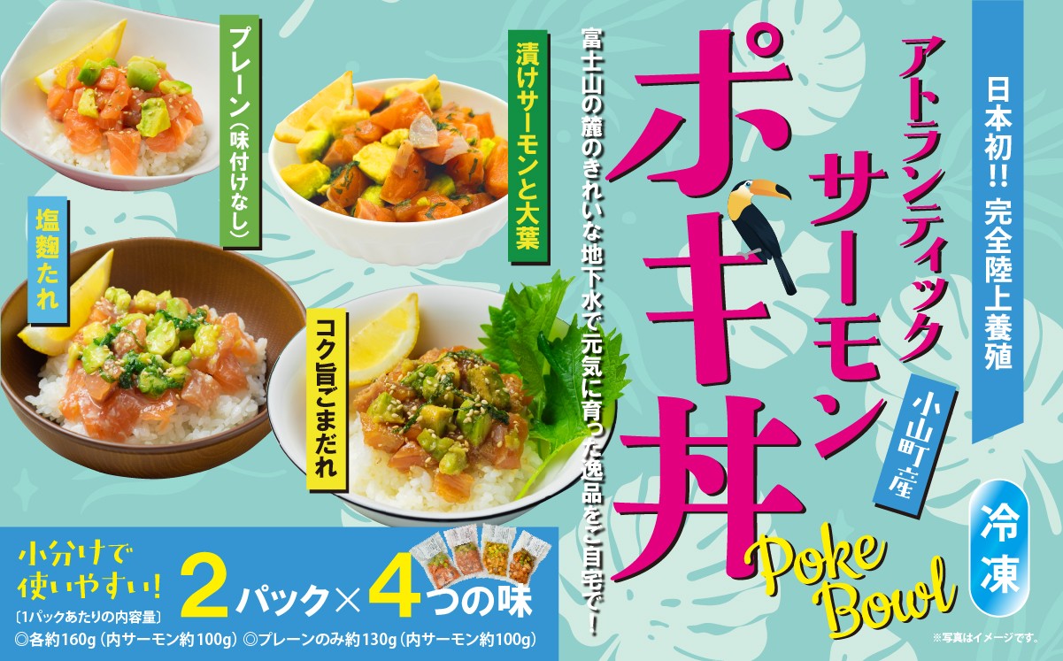 
                  日本初 完全陸上養殖 静岡県小山町産 アトランティックサーモン 冷凍 ポキ丼（ 食べ比べ セット 約160g / 約130g × 2パック × 4つの味 ） | サーモン 小分け 真空パック 刺身 海鮮丼 海鮮 魚介 アボカド サーモン丼 国産 鮭 養殖 静岡県 小山町
                