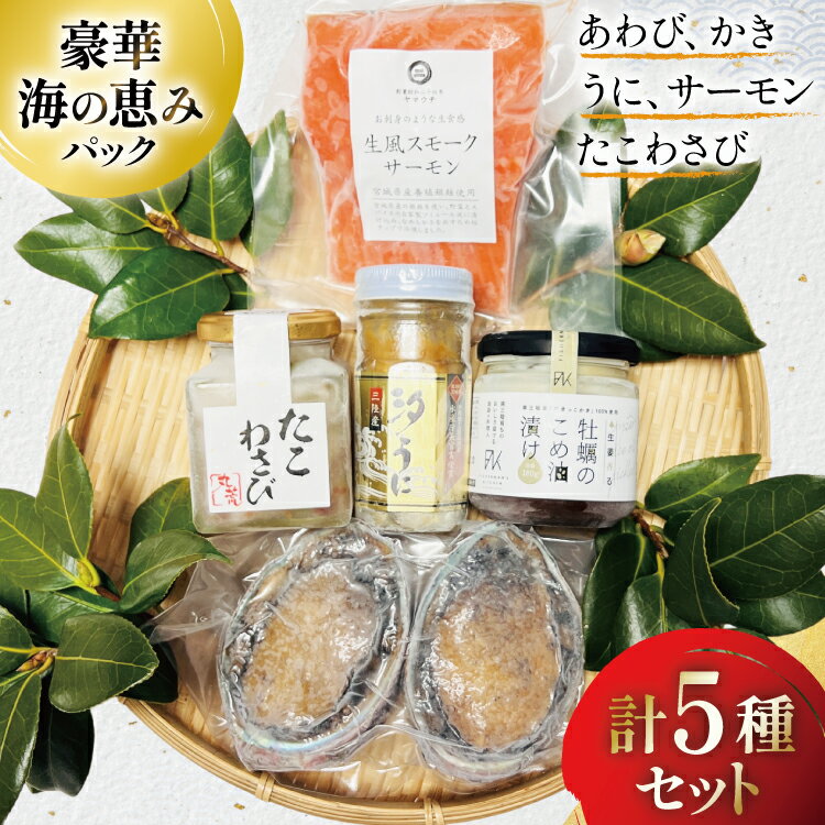 【ふるさと納税】 豪華 海鮮5種 海の恵みパック [たみこの海パック 宮城県 南三陸町 m304amh560091] 魚介類 海鮮 うに ウニ アワビ あわび 鮑 サーモン 銀鮭 鮭 牡蠣 カキ たこわさび 詰め合わせ