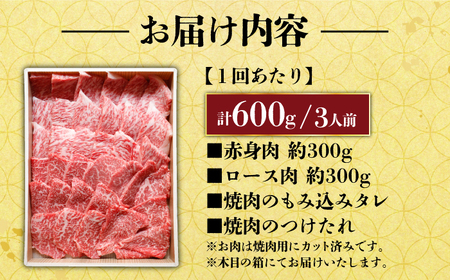 【全12回定期便】長崎和牛 秘伝のタレつき 厳選赤身肉と上ロースの焼肉盛り合わせ 計600g 3人前 【炭火焼肉いせ家】[RCL004]