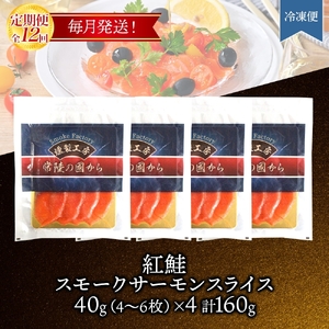 【毎月定期便】紅鮭スモークサーモン スライス 40g×4パック全12回【配送不可地域：離島】【4076809】