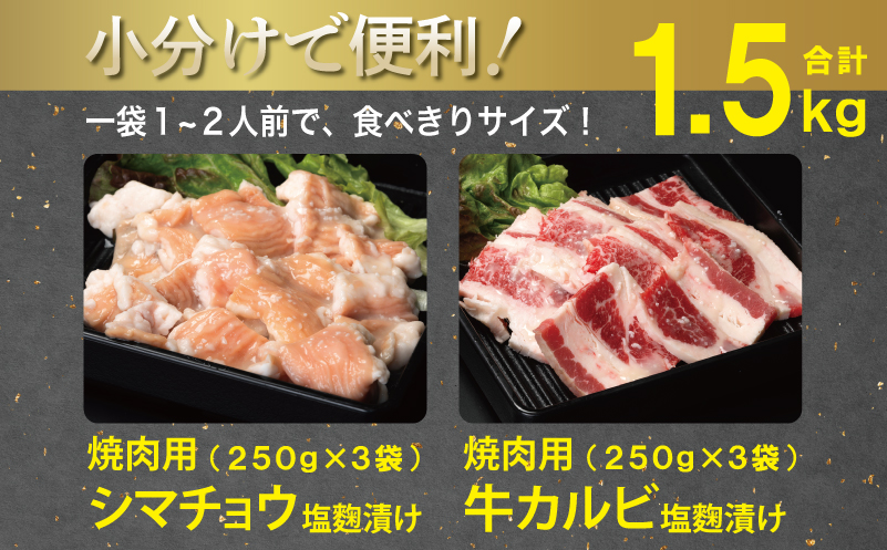 【お中元】 牛カルビ＆シマチョウ 塩麹漬け 焼肉セット 合計1.5kg【味付け 小分け 焼くだけ 簡単調理 BBQ 250g×6袋 牛肉 ホルモン】 099H3398t