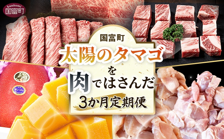 ＜太陽のタマゴを肉ではさんだ3か月定期便＞2025年4月から順次出荷【 定期便 宮崎牛 黒毛和牛 肩ロース肉 サイコロステーキ 牛肉 焼き肉 焼肉 スライス 太陽のタマゴ マンゴー 完熟マンゴー 若鶏 切身 切り身 鶏肉 精肉 】【b0913_co】