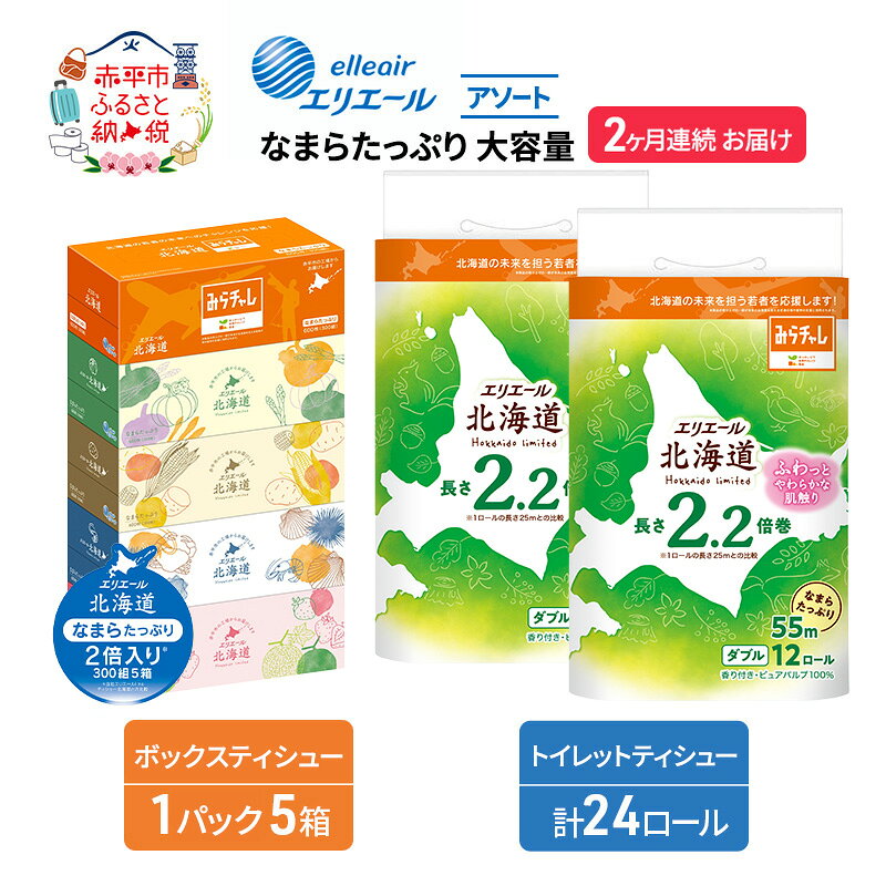 【ふるさと納税】定期便 2ヵ月連続お届け エリエール 収納に便利 コンパクト 〈アソート〉 なまらたっぷり 大容量 トイレットペーパー ティッシュ トイレ ボックスティッシュ ひとり暮らし 紙 常備品 消耗品 日用品 生活必需品　お届け：入金翌月中旬以降出荷
