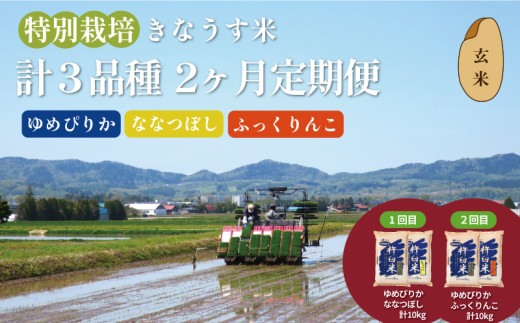 【玄米2ヶ月定期便】特別栽培「きなうす米」3品種セット10kg×2回　H003