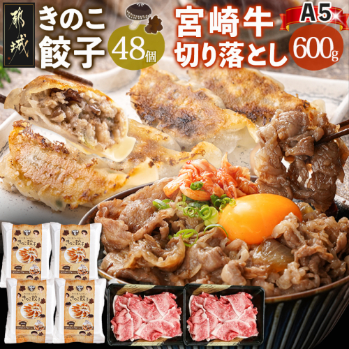 きのこ餃子48個&宮崎牛(A5)霜降り切り落し600g〔87-008-48-600g〕