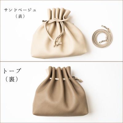 ふるさと納税 尼崎市 コンパクトで大容量!工房手造りの巾着ショルダーバッグ 国産型押し牛革[サンドベージュ×トープ] |  | 02