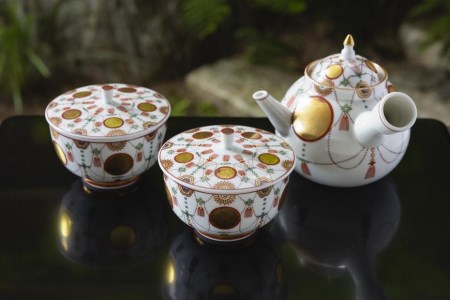 【柳桜園×京焼】最高級茶各種詰合せ×京焼茶器セット（叶松谷作 赤絵金襴手瓔珞急須＆蓋付汲出2客）