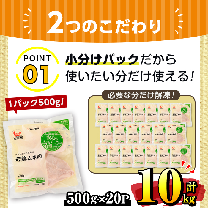 i300 南国元気鶏ムネ肉(500g×20パック・計10kg)バラバラの状態で急速凍結しているから使いやすい！蒸し鶏やとり天などにおすすめの鶏肉【マルイ食品】