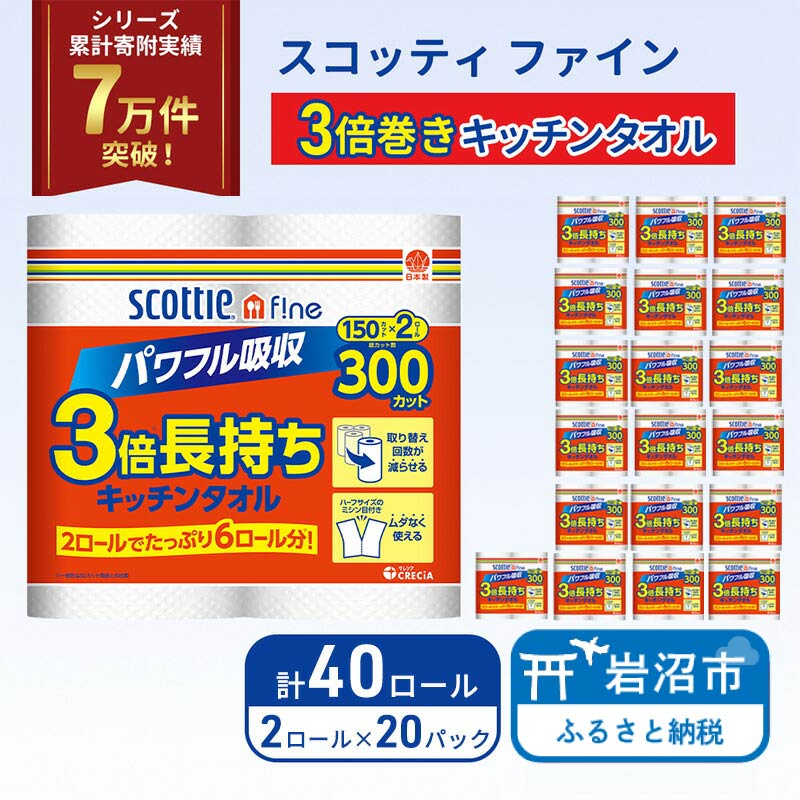 【ふるさと納税】 定期便 キッチンペーパー 40ロール スコッティ ファイン 3倍巻き 150カット キッチンタオル ペーパータオル 長持ち 高品質 上質 日用品 生活用品 必需品 吸水 防災 備蓄 日本製 家計の味方 送料無料 宮城県 岩沼市