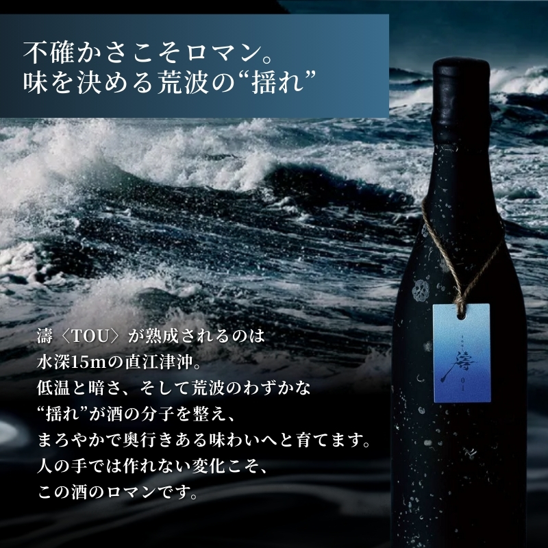 【限定醸造】日本海の荒波が育んだ 海底熟成日本酒「濤〈TOU〉 02」（720ml）お酒 15度 希少品 限定 新潟 上越 ギフト 贈答 化粧箱入り 送料無料 シリアルあり 【チタン製おちょこ付】 ジェイ・シー