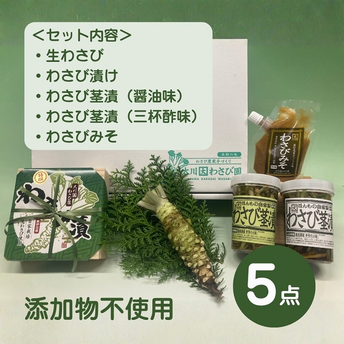 （冷蔵）わさび農家直送　無添加こだわり加工品+　生わさびDXセット 1384 ／ 大川因わさび園 わさび漬 わさび茎漬 わさび味噌 静岡県