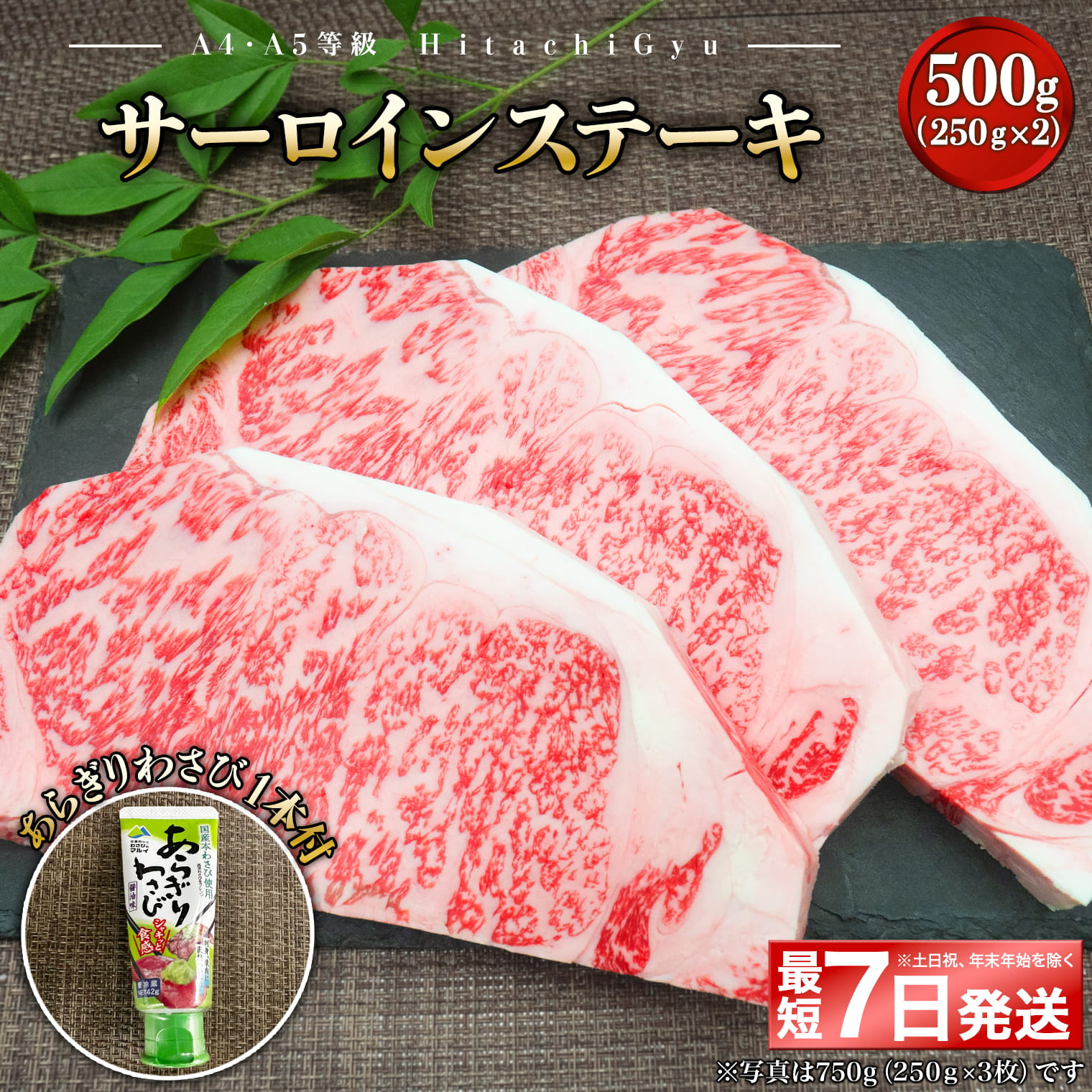 K2420 <最短7日発送> 常陸牛A5等級 サーロインステーキ500g (250g×2枚) あらぎりわさび1本付