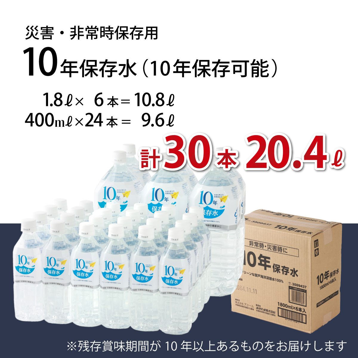 災害・非常時保存用「１０年保存水」（１０年保存可能）１.８L×６本＆４００ml×２４本セット