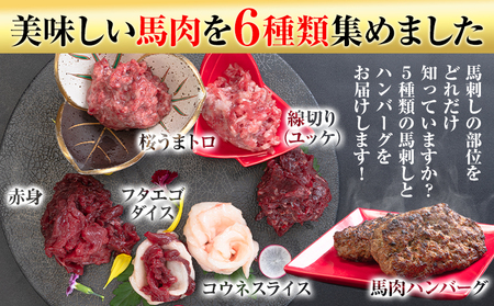 馬刺し復興福袋6種セット 千興ファーム 馬肉 冷凍 《60日以内に出荷予定(土日祝含む)》 新鮮 赤身 ユッケ コウネ フタエゴ 馬肉ハンバーグ 桜うまトロ さばきたて 生食用 肉 熊本県御船町 馬刺