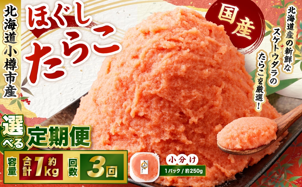 
            【3回定期便】たらこ ほぐし 1回あたり 計約1kg 約250g×4パック たら子 タラコ スケトウダラ 魚卵 魚介類 水産物 海産物 海鮮 おかず ご飯のお供 ごはんのお供 冷凍 国産 北海道 小樽市
          