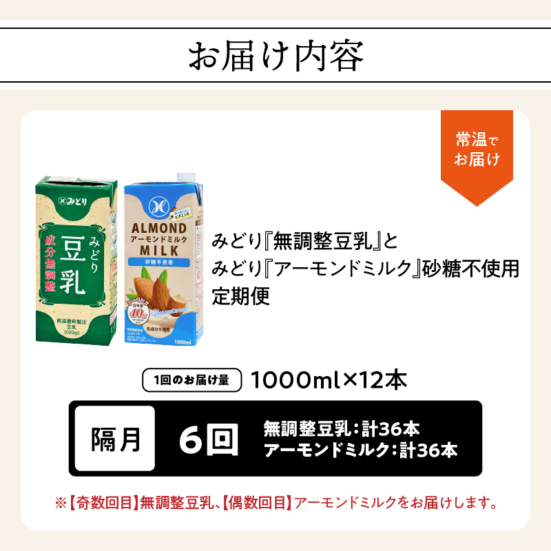 ※先行予約※2026年6月より発送開始！【隔月配送】みどり豆乳 成分無調整 1000ml×12本＋みどりアーモンドミルク 砂糖不使用 1000ml×12本 隔月交互に6回お届け定期便