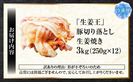 訳あり　豚生姜焼き　《生姜王》3kg盛り　秘伝のタレ漬け　焼くだけ簡単生姜焼き|肉 豚肉 生姜焼き 生姜 秘伝 タレ タレ漬け コク ジューシー 濃厚 切り落とし 冷凍 香川県 三木町 おすすめ|_m