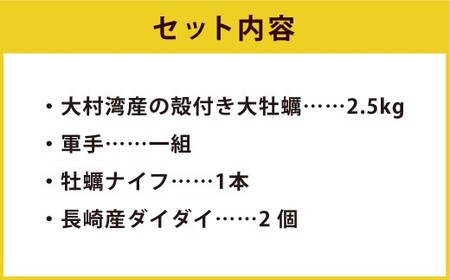 大村湾産 殻付き 牡蠣 加熱用 Aセット 約2.5kg ダイダイ2個付き ナイフ・軍手付き 長崎 カキ かき 冷蔵 【2026年2月下旬迄順次発送予定】
