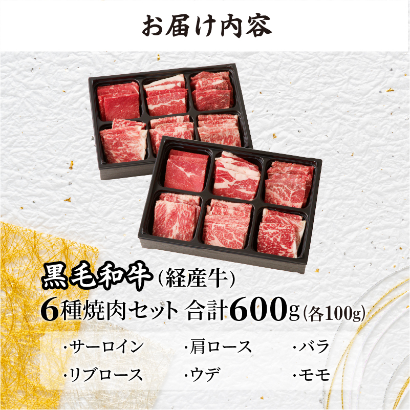 生産者応援≪訳あり≫黒毛和牛(経産牛)6種焼肉セット(合計600g)_T030-0231【肉 牛 牛肉 おかず 国産 人気 ギフト 食品 お肉 焼き肉 BBQ お土産 贈り物 送料無料 プレゼント】