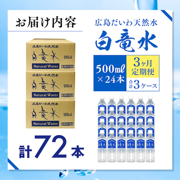 Ｇ７広島サミット2023で提供 【3カ月定期便】 広島だいわ天然水 白竜水 500ml×24本 水 飲料水 天然水 田治米鉱泉所 ミネラル 軟水 ペットボトル 備蓄 災害用 防災 家庭備蓄　03501