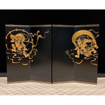 ふるさと納税 魚沼市 精密屏風『風神雷神図屏風』(黒)金属を削り込んだミニ屏風