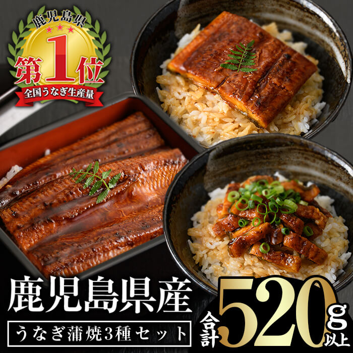 【ふるさと納税】無投薬！鹿児島県産うなぎ蒲焼3種セット(合計520g以上・ 長焼き160g以上×2尾・カット約50g×2枚・きざみ50g×2袋) タレ・山椒付き 鰻 うなぎ ウナギ 蒲焼 きざみ ひつまぶし カット カット鰻 鹿児島県産 国産 急速 冷凍【西日本養鰻】