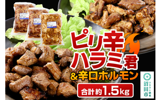 群馬県産 ピリ辛ハラミ君＆もち豚辛口ホルモンセット 約1.5kg（500g×2／500g×1）豚肉 沼田市 特産品 肉の長門 [モチ もち ブタ ぶた 肉 ほるもん バラエティ 食べ比べ 味比べ]