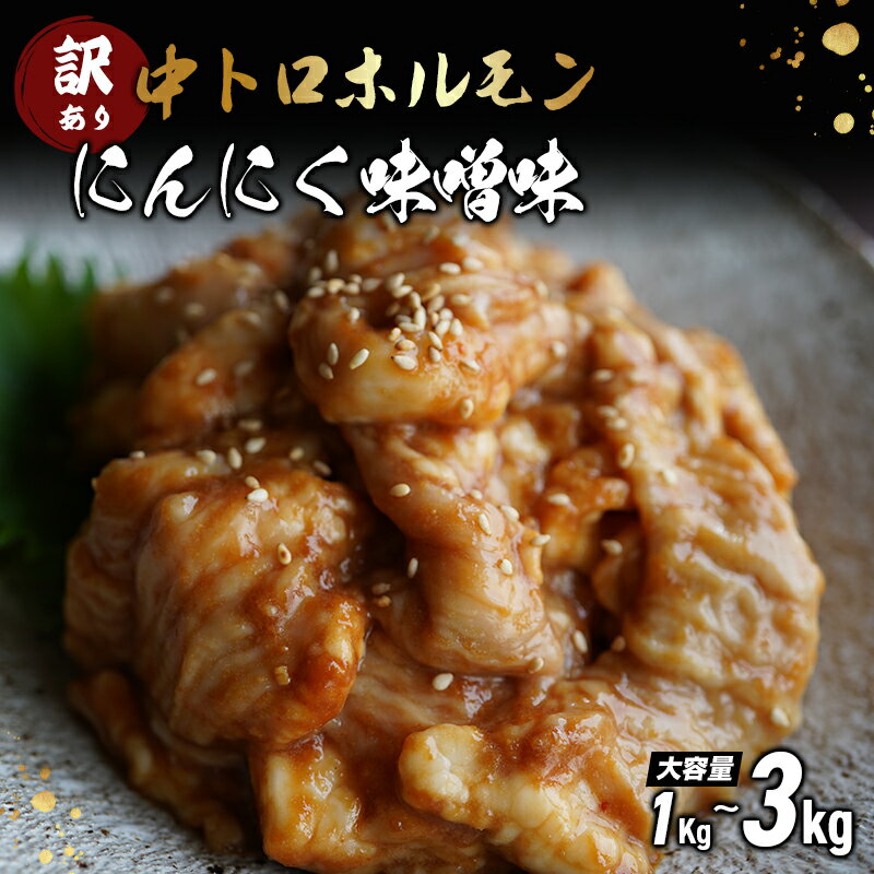 【ふるさと納税】 【訳あり】 中トロ ホルモン 1～3kg (250gの小分けパック) にんにく 味噌味 焼肉 ホルモン焼き 不揃い シマ腸 シマチョウ 小腸 おつまみ 味噌 味付 小分け 冷凍 牛 内臓 肉 幸福亭