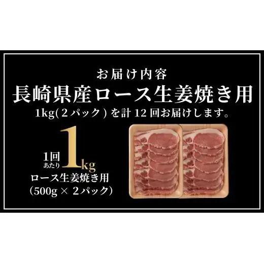 《定期便》長崎県産豚 ロース生姜焼き用 計1kg (500g×2)【12回お届け】