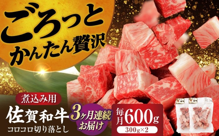 
                  【3回定期便】 佐賀和牛 コロコロ 切落し 600g (300g×2P) 【一ノ瀬畜産】 [NAC107] 佐賀和牛 牛肉 佐賀県産 黒毛和牛 牛肉 切り落とし きりおとし 
                